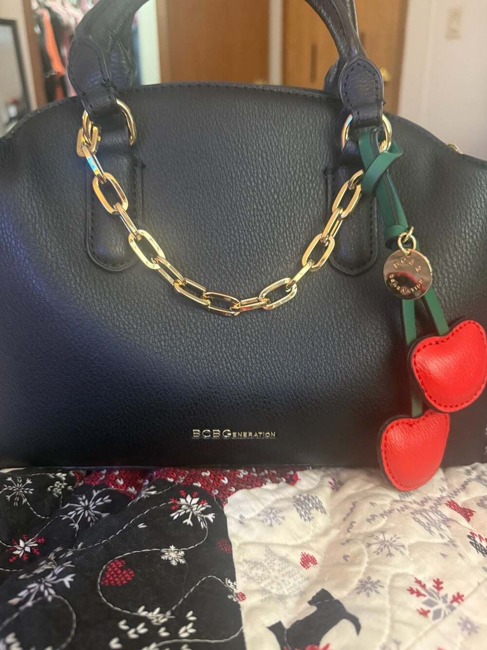 BCBGeneration Black Satchel Bag with Gold Chain Detail